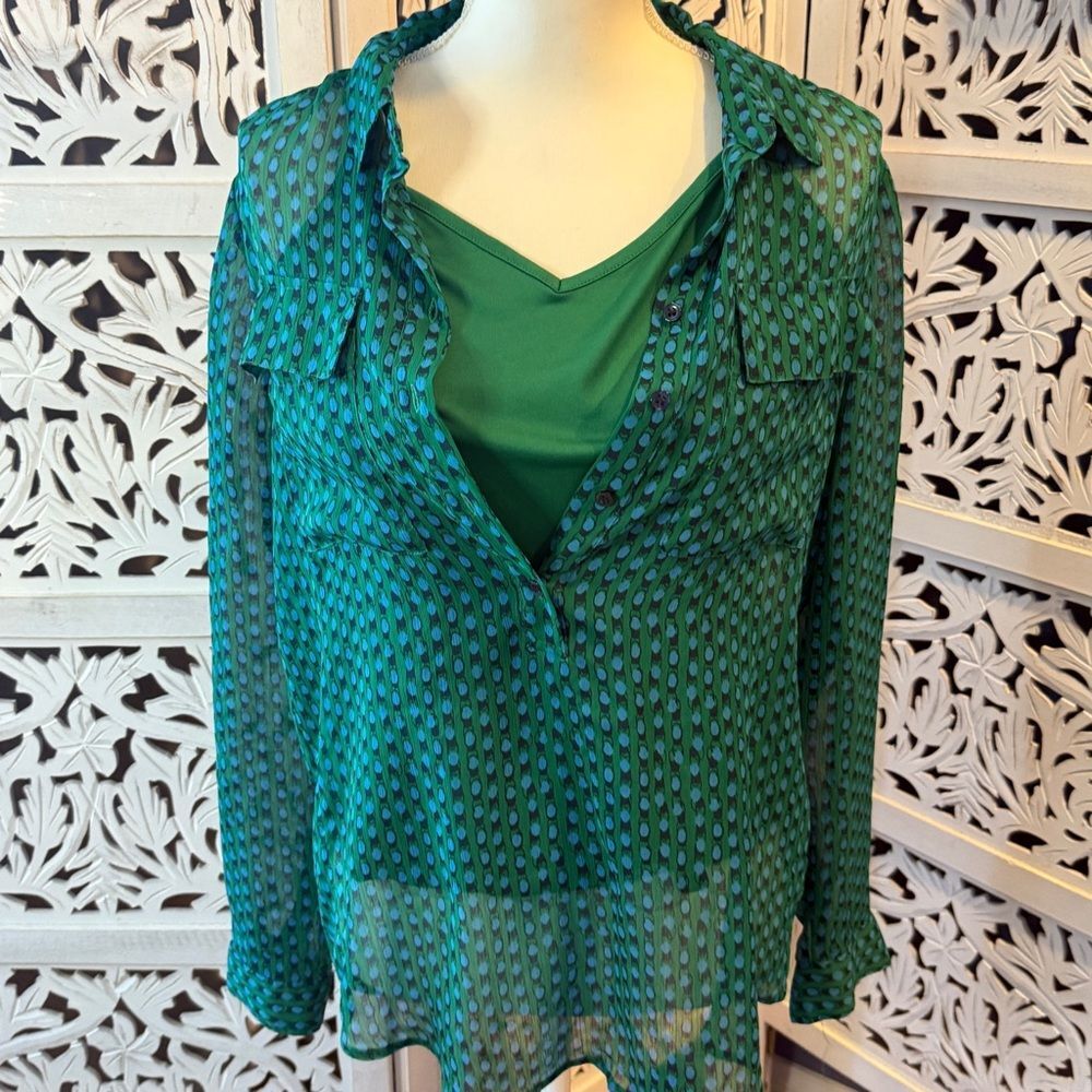 Liz Claiborne Green Buttoned Long Sleeve Blouse Sz M - Picture 2 of 4